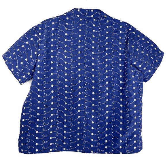 Blue and White Print Short Sleeved Button Front Top Stitching Blouse - Picture 2 of 5